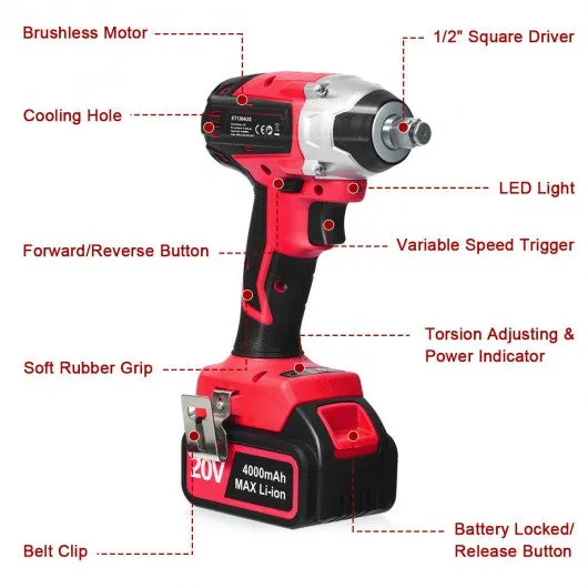 20V Cordless Impact Wrench Brushless with 4.0 AH Battery