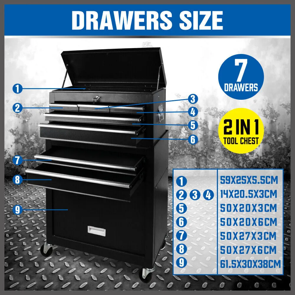 7 Drawer Tool Box Chest Cabinet Trolley Toolbox Garage Storage Lockable Blue