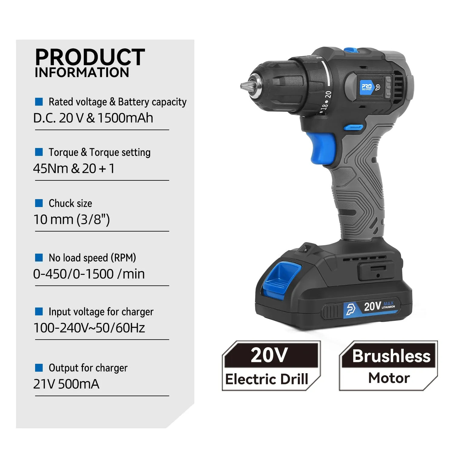 Brushless Electric Drill 20V 45NM Cordless Drill