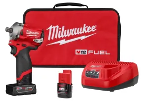 Milwaukee 2555P-22 M12 FUEL 12V Lithium-Ion Brushless Cordless 1/2" Stubby Impact Wrench with Pin Detent Kit, 4.0 Ah