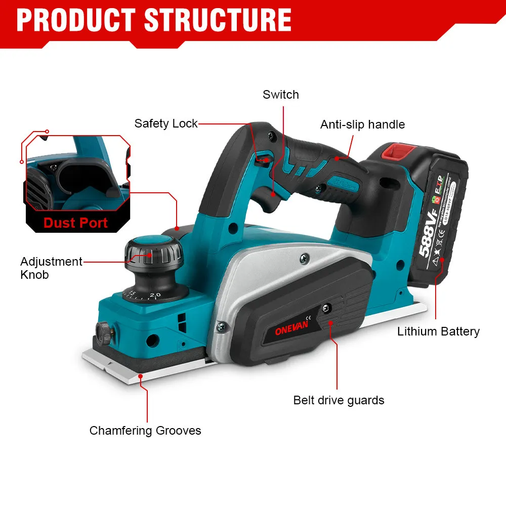 ONEVAN 18V Handheld Cordless Electric Planer Woodworking Tool | For Makita 18V Battery