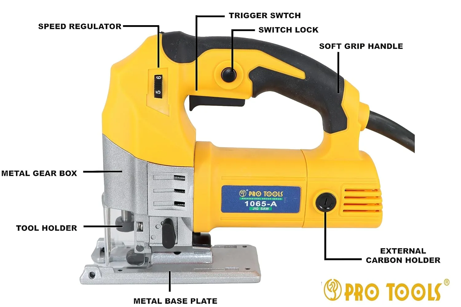 PRO TOOLS 1065-A, 600W | 500-3000rpm | Max Cutting Depth 65mm Corded Jigsaw for Wood, Cutting Iron/Steel