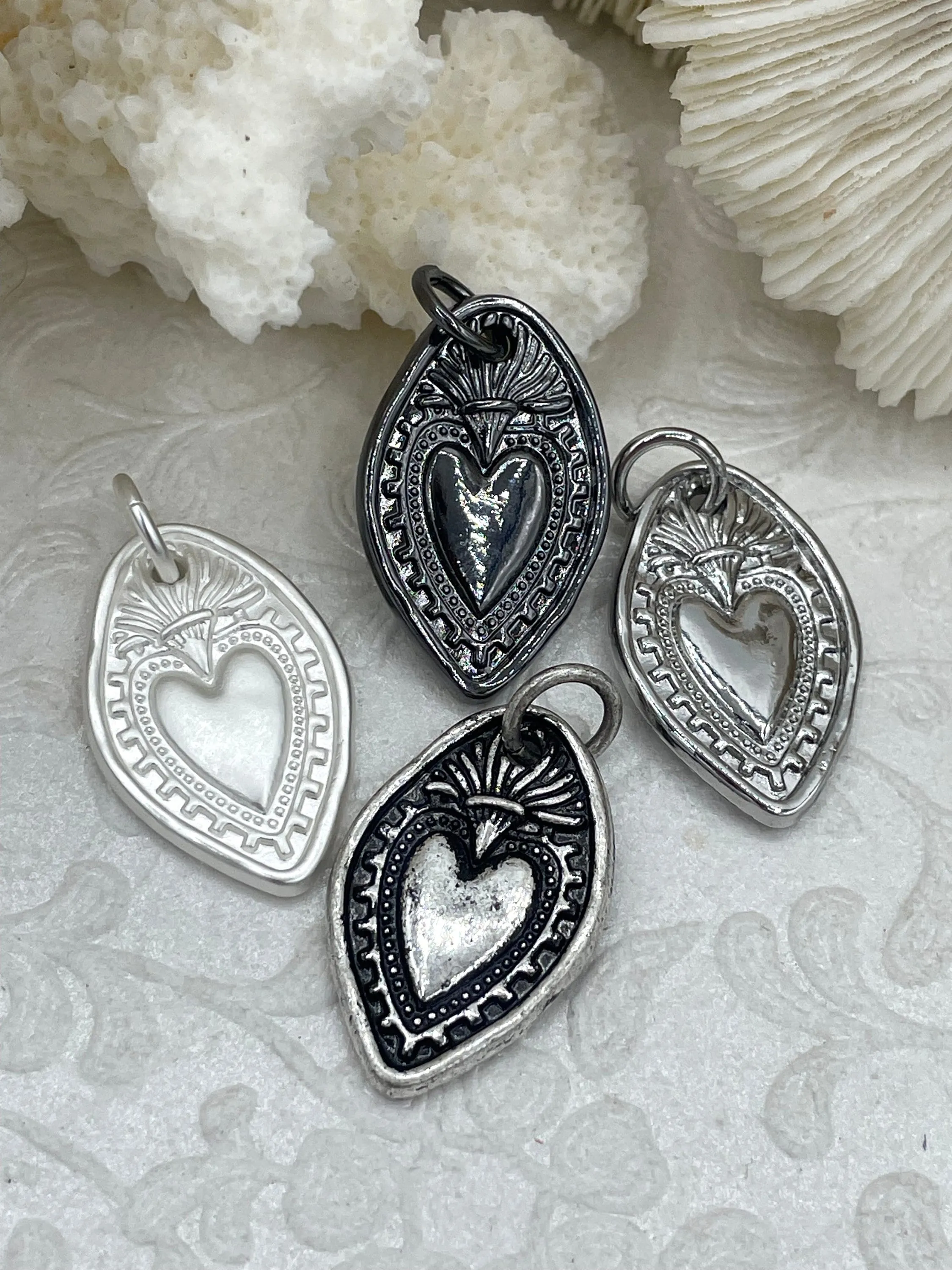 Sacred Heart Pendant, Sacred Heart Charm, Love Charm, Religious Charm 7 finishes, 28mm x 18mm, 2mm thick, Plated Zinc Alloy Heart, Fast Ship