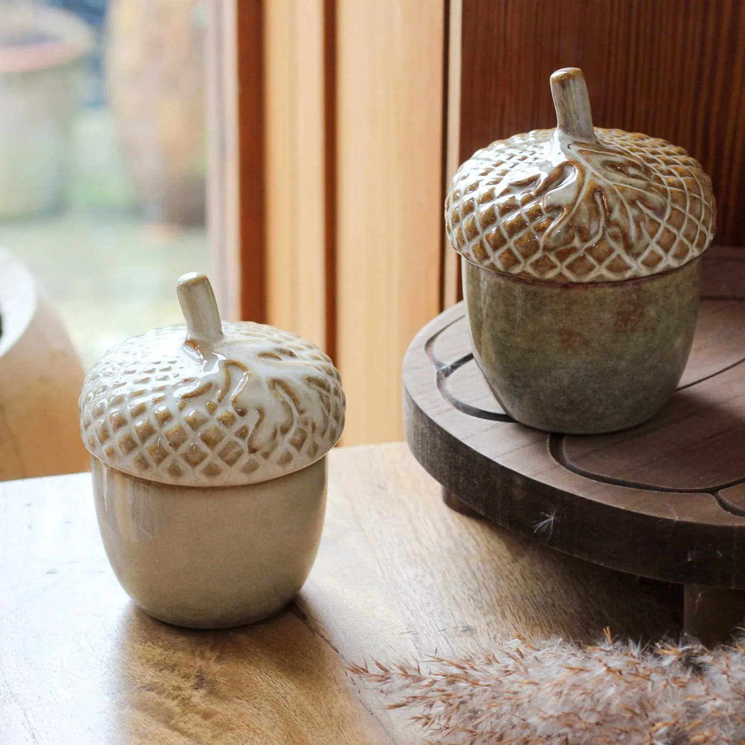 Stoneware Ceramic Acorn Pot With Leaf Detail - Various Styles