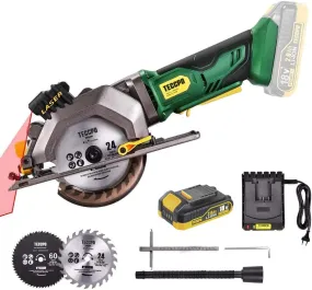 TECCPO Cordless Mini Circular Saw 18V with Laser Guide, 115mm Blade, Compact Design, 3400 RPM, Includes 2.0Ah Battery and 1H Charger, Ideal for Wood, Plastic, and Metal Cutting - MTW80B