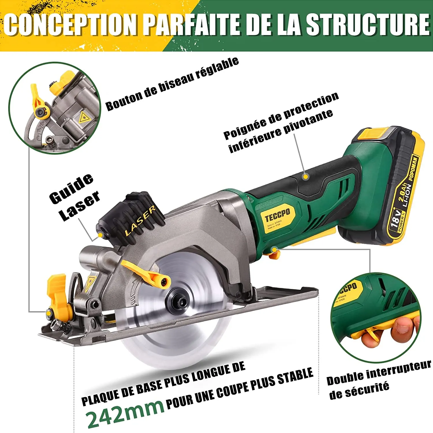 TECCPO Cordless Mini Circular Saw 18V with Laser Guide, 115mm Blade, Compact Design, 3400 RPM, Includes 2.0Ah Battery and 1H Charger, Ideal for Wood, Plastic, and Metal Cutting - MTW80B