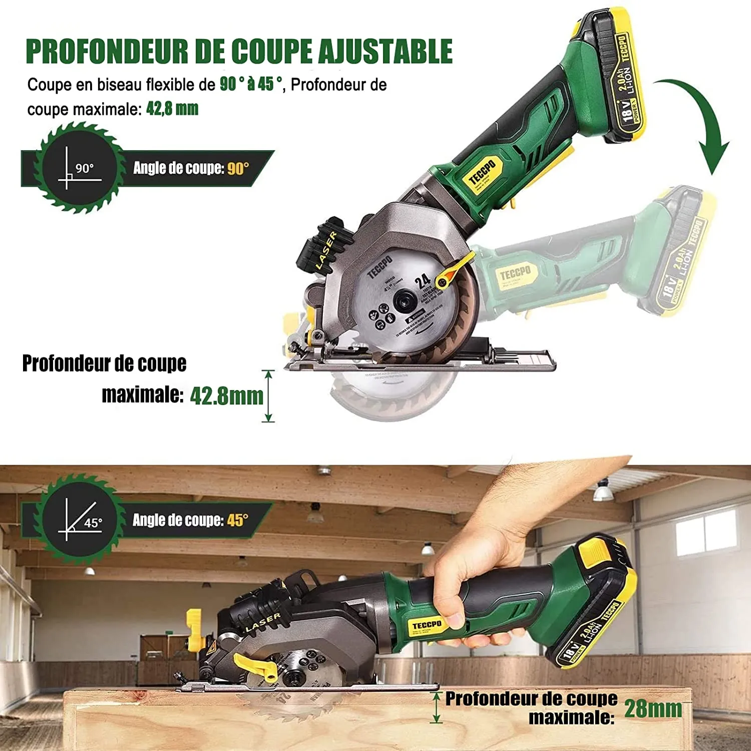 TECCPO Cordless Mini Circular Saw 18V with Laser Guide, 115mm Blade, Compact Design, 3400 RPM, Includes 2.0Ah Battery and 1H Charger, Ideal for Wood, Plastic, and Metal Cutting - MTW80B